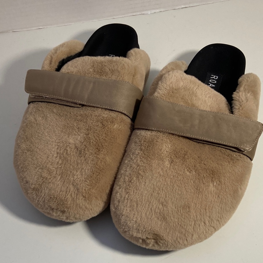 ROAM LONG LUXE PUFFY LOAF LOAFER MULE TAUPE FAUX FUR